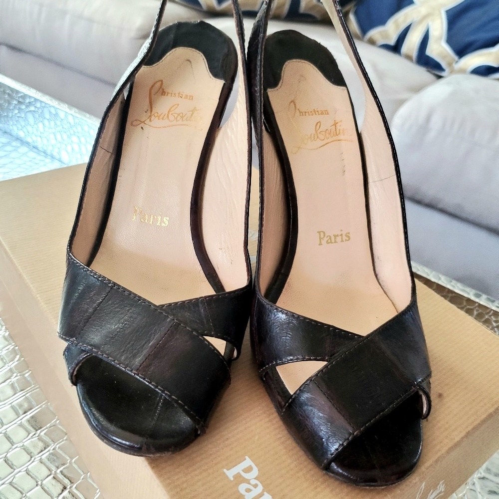 Louboutin Marpoil Peep Toe Wedges - Dark Brown